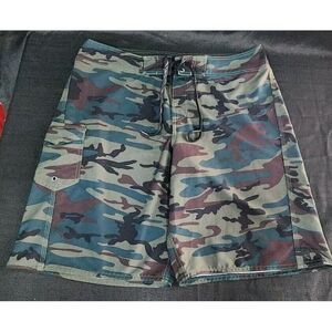 RUSTY Mens Boardshorts Camouflage Cargo Swim Trunks Green Brown SZ 38 EUC‎